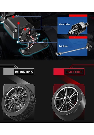 2.4ghz Işıklı 1:16 Drift Model Yedek Lastikli Uzaktan Kumandalı Drift Arabası Drag Car Yarış Arabası - Siyah Siyah