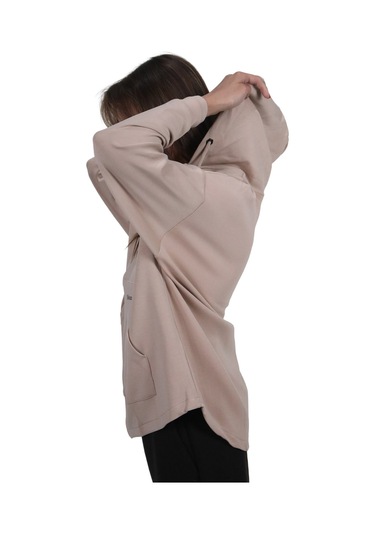 Kadın Modal Kumaş Yumuşak Dokulu Fermuarlı Rahat Kalıp Bej Kapüşonlu Ceket Hırka Bej