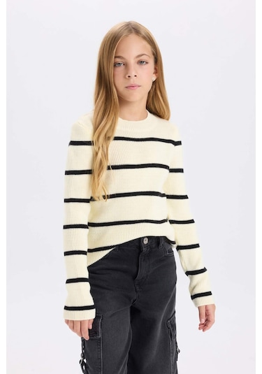 DeFacto Kız Çocuk Ekru Çizgili Fitted Bisiklet Yaka Triko Kazak D1392A824WNER233 Ekru