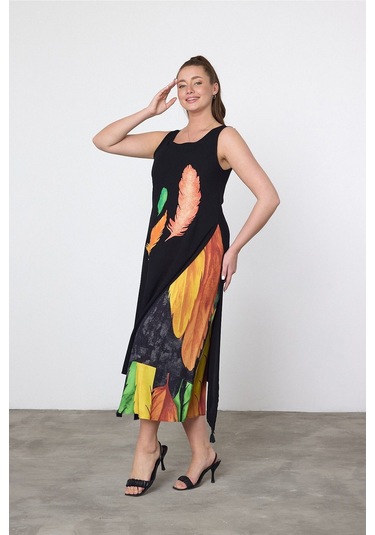 Schık Kadın Yazlık Bol Kolsuz Rahat Baskılı Elbise Turuncu