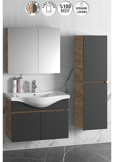 Yıldız 80+35 Cm Atlantik Çam-Antrasit Gri Mat Mdf Seramik Lavabol Antrasit - Atlantik Çam