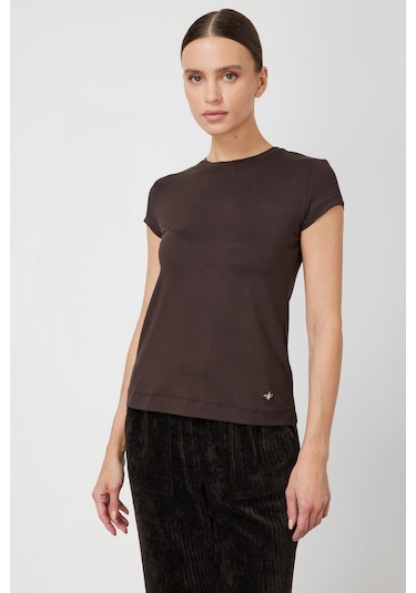 On Kadın Sıfır Yaka Ay Kol Basic Bluz 61302 Kahverengi Kahverengi