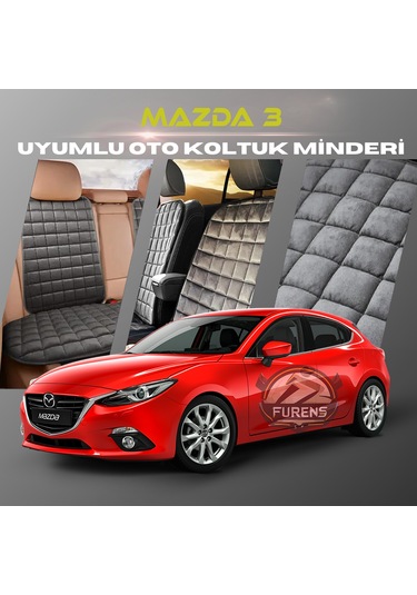 Mazda 3 Antrasit Renk Tay Tüyü Cepli & Terletmez Sırtlı Oto Koltuk Minder Seti - Koltuk Koruma Kılıfı Ön & Arka Tam Set