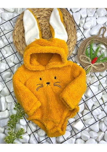 Aden Kids Kapüşonlu Bebek Peluş Çıtçıtlı Badi Sarı