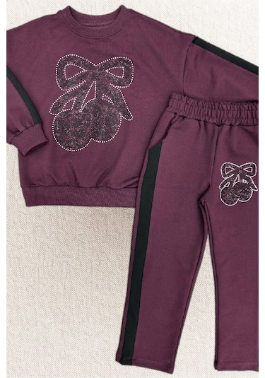 Kız Çocuk Taş İşlemeli Kiraz Ve Fiyonk Desenli-2 İplik-alt-üst Takım-5-12 Yaş 12445 Mürdüm