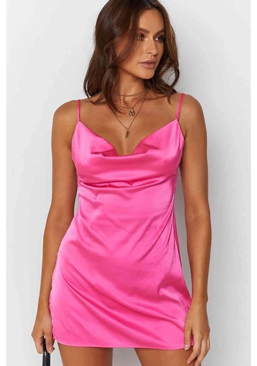 Alpinmoda Saten Yırtmaçlı Kısa Gecelik Ms23246 Pembe