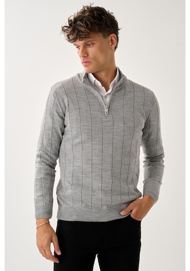 Dikey Dokuma Desenli Fermuarlı Triko Kazak Gri