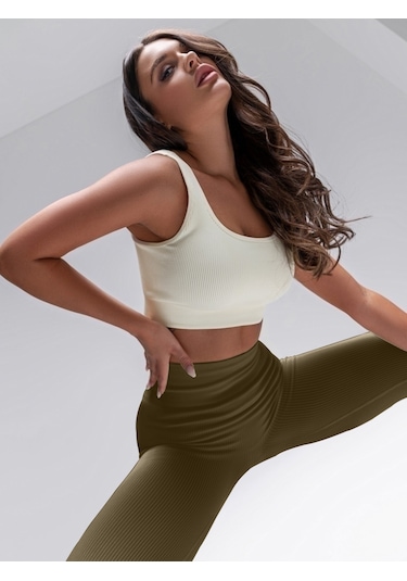 Mistirik Fitilli Tayt Yüksek Bel Örme Kumaş Yeşil Renk Yeşil