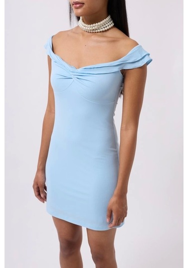 Büzgü Detay Omuz Askılı Mini Elbise Bebe Mavi