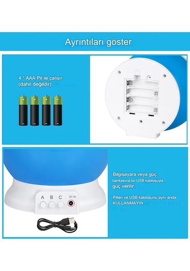 Dekoratif Çocuk Odası Gece Lambası Projeksiyon Dönen Ay Yıldız Mavi