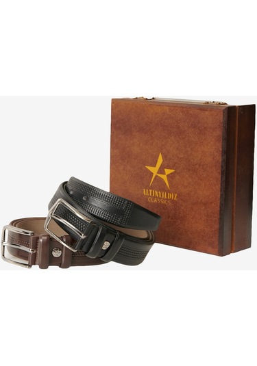 AC&Co / Altınyıldız Classics Erkek Siyah-kahverengi Özel Ahşap Kutulu 2'li Takım Elbise Kemeri Damat Bohçası Kahverengi - Siyah