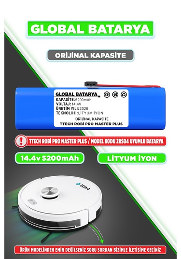Ttec Robi Pro Master Plus 2rs04 Robot Süpürge Bataryası 14.4v 5200mah Li-ion Pil  Kapasite