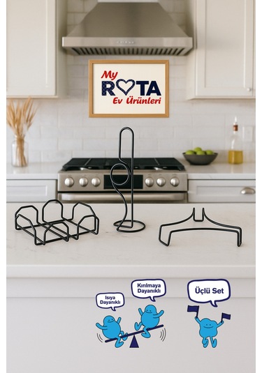 Servis Sunum Seti, Rota Kağıt Havluluk, Kare Peçetelik, Üçgen Nihale, Üçlü Set, Paslanmaz Çelik Tel Siyah