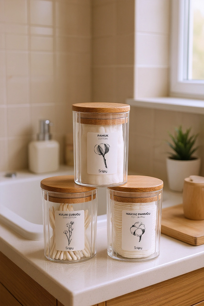 Bathy - 3'lü Ahşap Vakum Kapaklı Banyo Düzenleyici Plastik Banyo Seti Pamuk Düzenleyici Ahşap