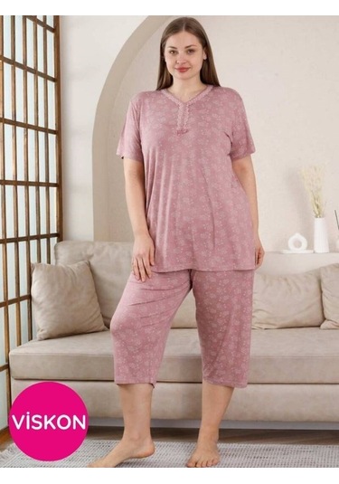 Kadın Gül Kurusu V Yaka Dantel Detay Viskon 3 Düğmeli Kısa Kol Yazlık Büyük Beden Kapri Pijama Gülkurusu
