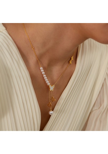 Sones Opk Gx2433 Vintage Hollow Kelebek Püskül İnci Kolye Paslanmaz Çelik Kolye