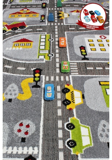 Konfor Halı 3 Boyutlu Gri Trafik Arabalı Ana Okulu Kreş Halısı Dokuma Çocuk Oyun Halısı