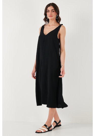 Lela Oversize Fit V Yaka Midi Boy Basic Bayan Elbise 6788688 Siyah