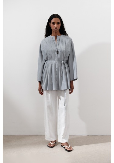 Nervürlü Geniş Kollu Tunik Mavi Mavi