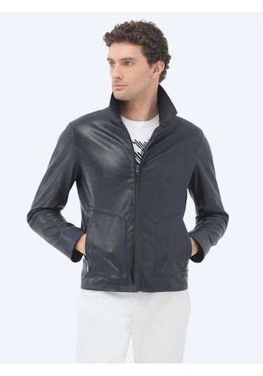 Kip Lacivert Regular Fit Bebe Yaka Smart Casual Koyun Derisi Deri Mont