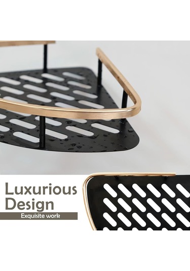 Yumruksuz Alüminyum Depolama Rafı Banyo Düzenleme Rafı, Geniş Kenarlı Tek Katmanlı Üçgen - Siyah + Altın Siyah Altın