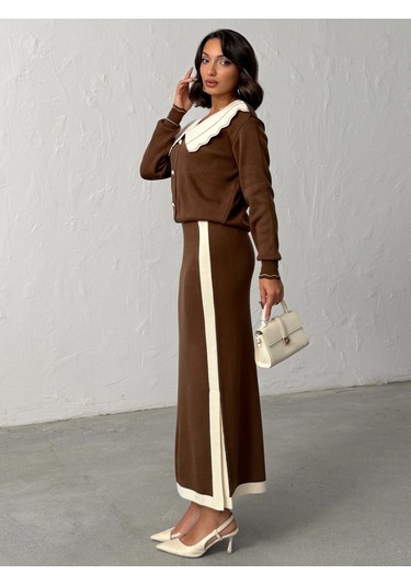 Kadın Bebe Yaka Triko Takım Kahverengi