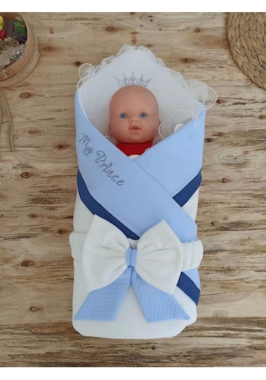 Yenidoğan Bal Peteği My Prince Taç Nakışlı Delüks Kundak Bebek Battaniyesi Mavi Mavi