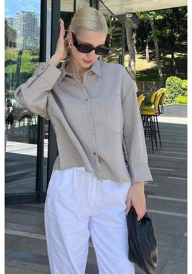 Madmext Gri Çizgili Oversize Kadın Gömlek Mg2093-gri Gri