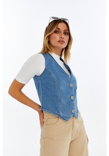 Kadın Denim Yelek Şık Düğmeli Jean Yelek, Günlük Ve Casual Kombin Açık Mavi