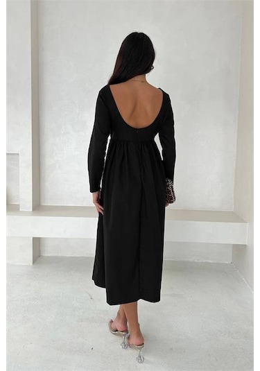 Neşeli Butik Kadın Sırt Dekolteli Uzun Kollu Midi Elbise Nbk4311 Siyah