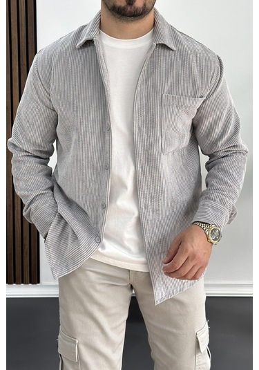 Erkek Kadife Kumaş Gömlek Gri Edw214 Gri
