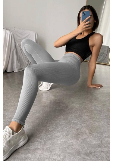 Madmext Boyalı Gri Yüksek Bel Kadın Fitilli Tayt Mg1625 Boyalı Gri