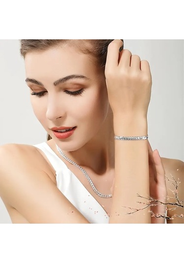 Gümüş İtalyan Ezme Yassı Yılan Çelik Unisex Set Tak... Silver