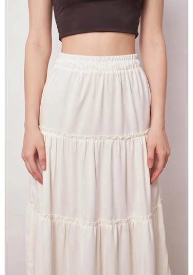 Kadın İç Göstermez Midi Boy Fırfırlı Beli Lastikli Etek -krem Krem