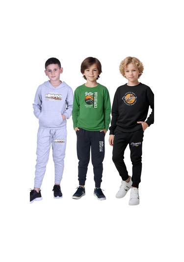 3 Lü Erkek Çocuk Baskılı Kanguru Cepli Kapüşonlu/sıfır Yaka Eşofman Takımı Çok Renkli