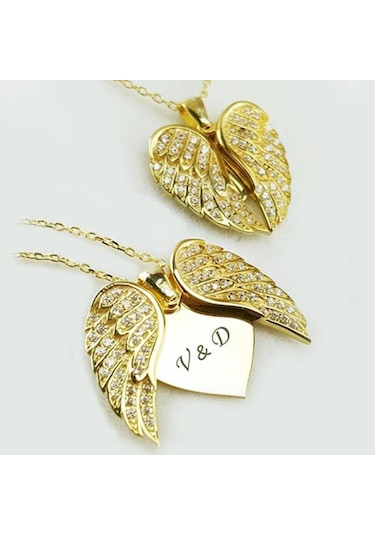 Isme Özel Gümüş Kalbimdeki Sır Melek Kanadı Altın Sarısı Kolye