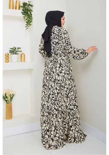 Sevil Yarım Düğmeli Dokuma Viskon Elbise 1504 - Ekru Ekru