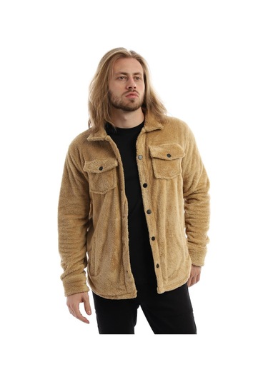 Erkek Çıt Çıt Detaylı Cepli Peluş Ceket Camel Kahverengi