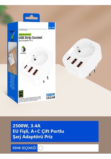 Ac-115 2500w 3.4a 2usb 1type-c 1soket Akım Korumalı Şarj Adaptörü