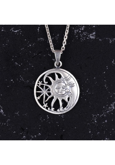 925 Ayar Gümüş Güneş Ve Ay Kolye - Göksel Kolye - El Yapımı Gümüş Takı Gümüş