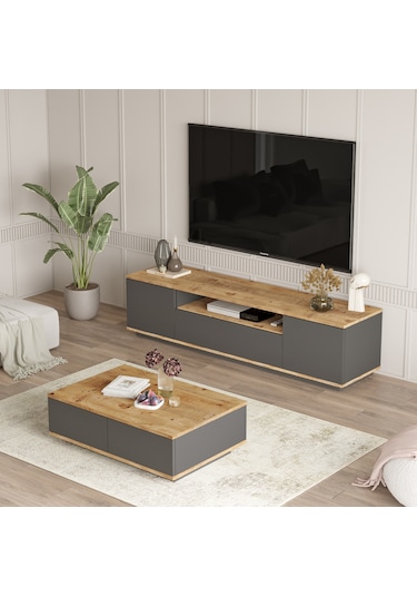 Robin Home Loft Tv Ünitesi Orta Sehpa 2'li Set Çam-antrasit