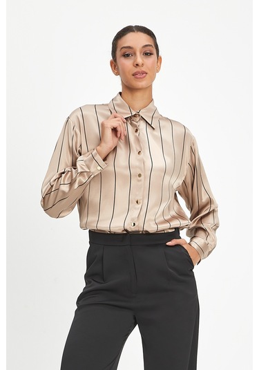 Kadın Çizgili Gömlek - Klasik Yaka Ve Düğme Detaylı Modern Tasarım Bej