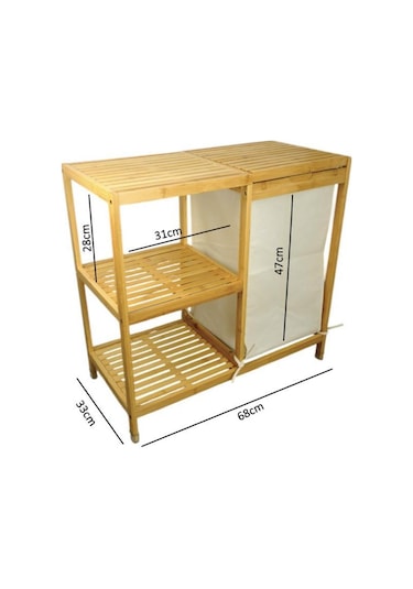 Digithome Bambu 3 Raflı Kumaş Sepetli Banyo Düzenleyici Kirli Çamaşır Sepeti D/8 Jw-22750 Naturel