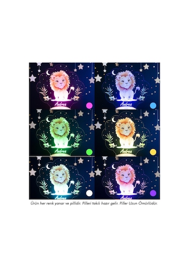 Sevimli Aslan Tasarımlı İsimli Çocuk Odası Gece Lambası, Aslan Bebek Doğum Günü Hediyesi Led Lamba