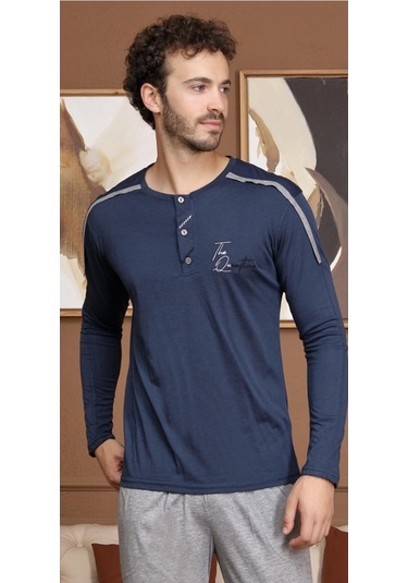 Bone Club 5560 Uzun Kol Erkek Pijama Takım İndigo V1 Indigo - Mavi