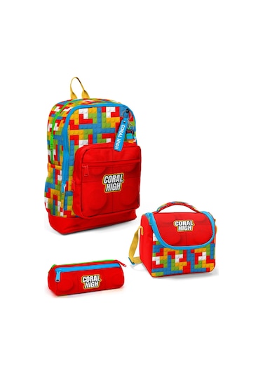 Coral High Kids Renkli Blok Desenli 3 Lü Okul Çanta Seti Set0123775 Kırmızı