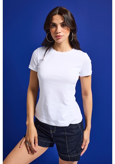 Itsbasic Kadın Beyaz S6-2 Bisiklet Yaka %100 Organik Pamuk Esnek Kumaş T-shirt