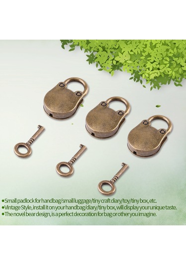 Konesam Klasik Züccaciye Ayna Kilitleri - Ayı Desenli 3'lü Set 3 Anahtar + 3 Kilit Yeşil Antik Bronz Rengi