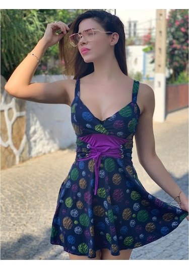 Kadın Kloş Beli Kuşgözü Kemer Detaylı Elbise Mor