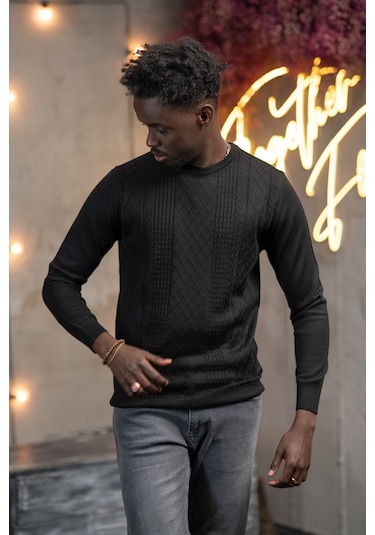Regular Fit Yünlü Kendinden Desenli Bisiklet Yaka Triko Kazak Siyah